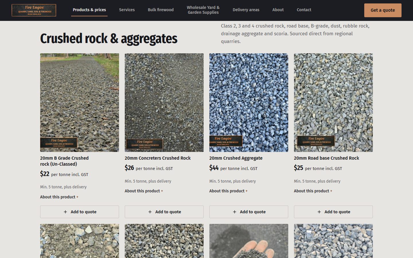 The Fire Empire products page: crushed rock and aggregates shown as photo tiles, each with its price per tonne including GST, the five tonne minimum plus delivery, and an Add to quote button.